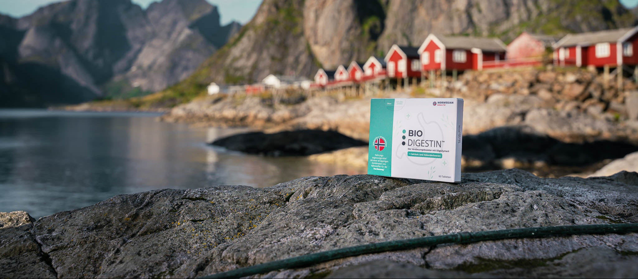 BioDigestin auf einem Felsen vor norwegischer Fjordlandschaft mit roten Rorbuer